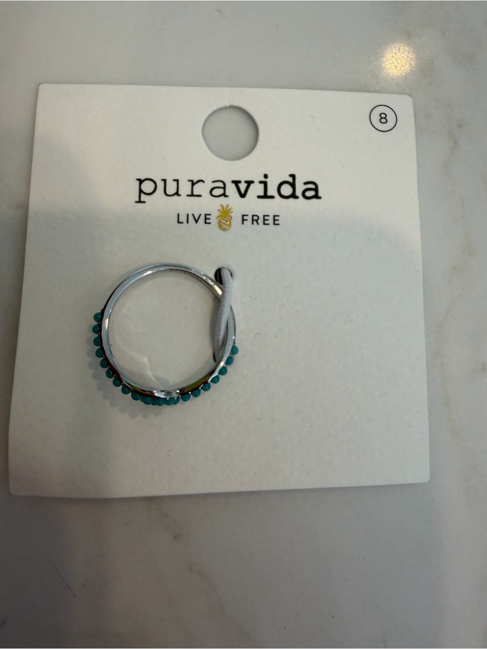 Pura Vida Teal Beaded Wave Silver Ring - Size 8